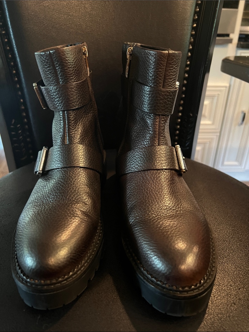 Nordstrom Brown Pebbled Leather Buckle Ankle Boots - Picture 2 of 6